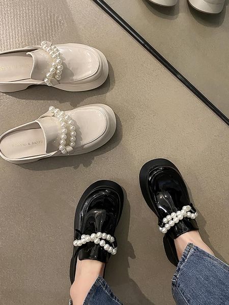 

slippers flat shoes female house platform slides med string bead fashion slipers women cover toe luxury 2021 rubber pu wom, Black