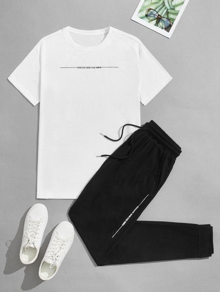 

men slogan graphic tee & drawstring waist sweatpants m518#, Gray