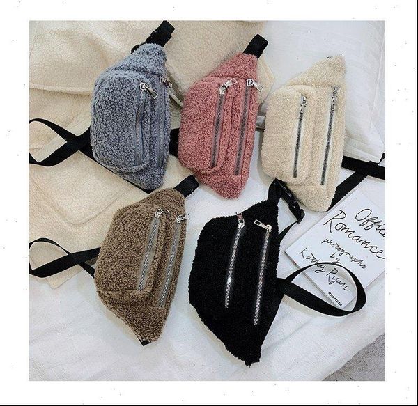 

fashion plush waist winter bags fanny pack phone pouch casual double zipper belt crossbody shoulder chest