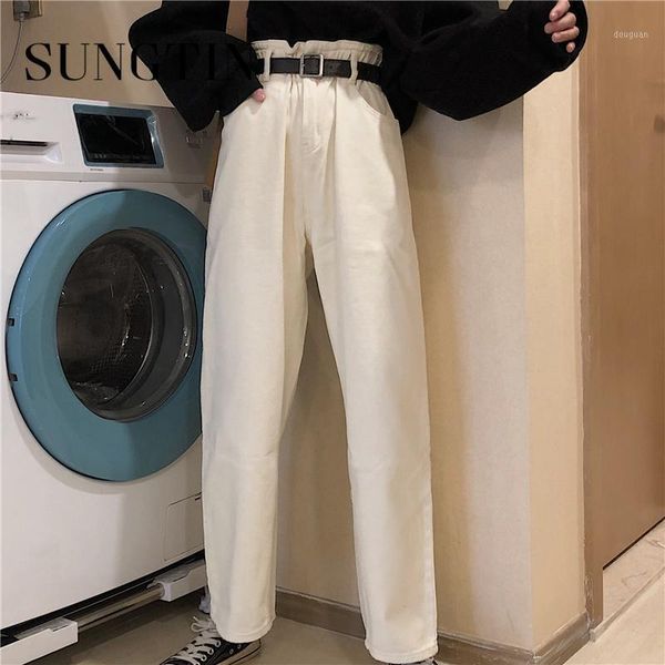 

sungtin high elastic waist solid white black straight jans pants women autumn loose korean fashion female demin trousers casual women's, Black;white
