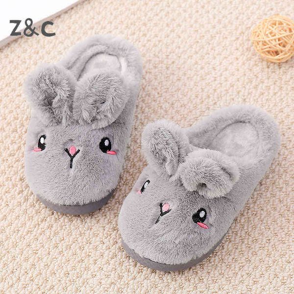 

cute cartoon girl slippers boy non-slip velvet warm room home princess baby rabbit shoes winter furry slides for kids 211119, Black;grey