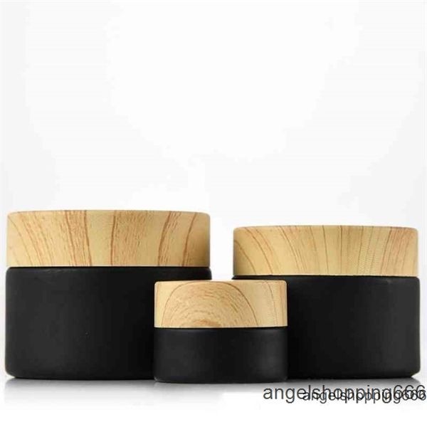 

wholesale black frosted glass jars cosmetic jars with woodgrain plastic lids pp liner 5g 10g 15g 20g 30g 50g lip packing bottles 1 1