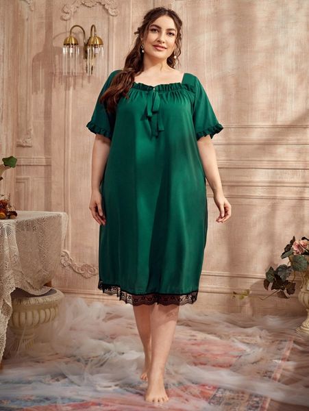 

plus frill trim knot front contrast lace nightdress h0of#, Black;white