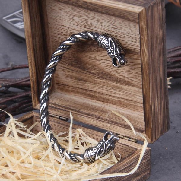 

link, chain stainless steel nordic viking norse dragon bracelet men wristband cuff bracelets with wooden box, Black