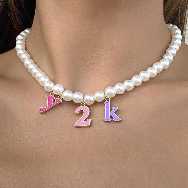 

pendant necklaces y2k jewelry candy color letter necklace for women metal vintage pearl harajuku fashion charms 90s aesthetic, Silver