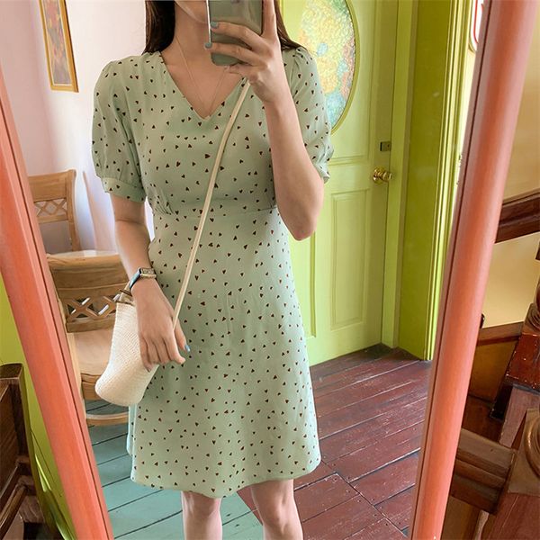 

dresses green short sleeves print hearts chic lace up retro elegant slim streetwear girls feminine thin mini es, Black;gray