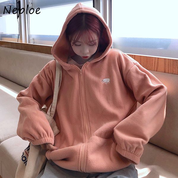 

neploe solid color all-match hooded sweatshirts casual cartoon pattern femme hoody double pockets zip-up hoodies women 210423, Black