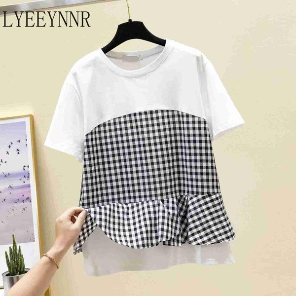 

women's t-shirt lyeeynnr plaid patchwork tshirts korean fashion short sleeve o-neck lady t-shirts tees summer 2021 loose casual female, White