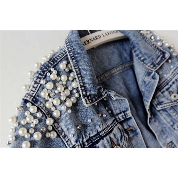 

spring fashion- basic autumn coats women denim jacket pearls beading fashion jeans coat loose long sleeve jackets 898, Black