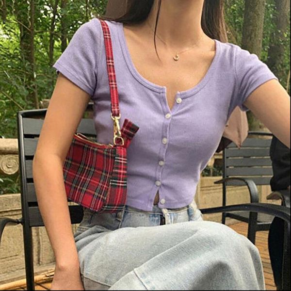 

froidol womens t shirts harajuku knitted button shirt women summer slim crop chic streetwear purple for, White