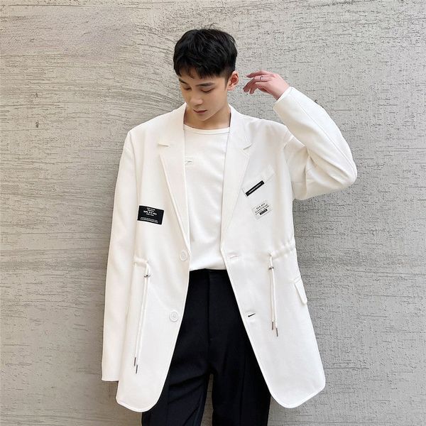 

early autumn new drawstring design blazer black white korean suit jacket 2021 fashion men's wear label patchwork coat, White;black