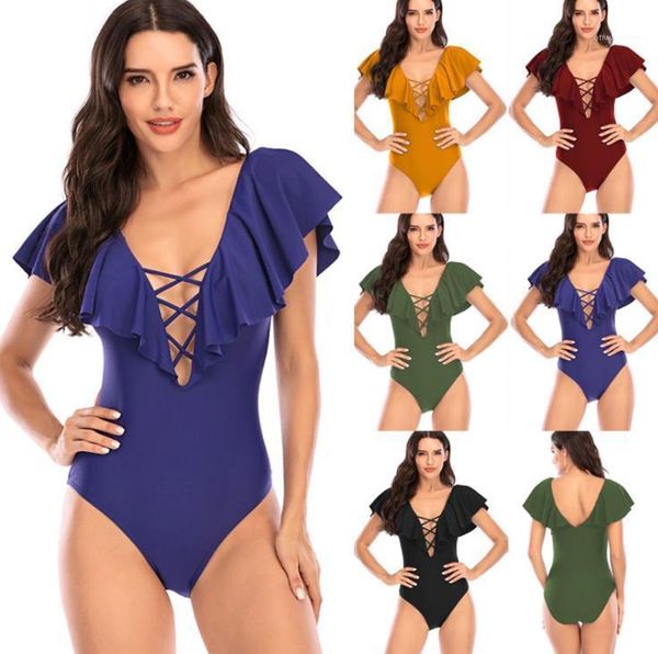 

V Neck Cross Bandge Solid Color Quick Dry Ruffle Jumpsuits Fashion Swimwear 2021 New Bikini Sexy, Yellow