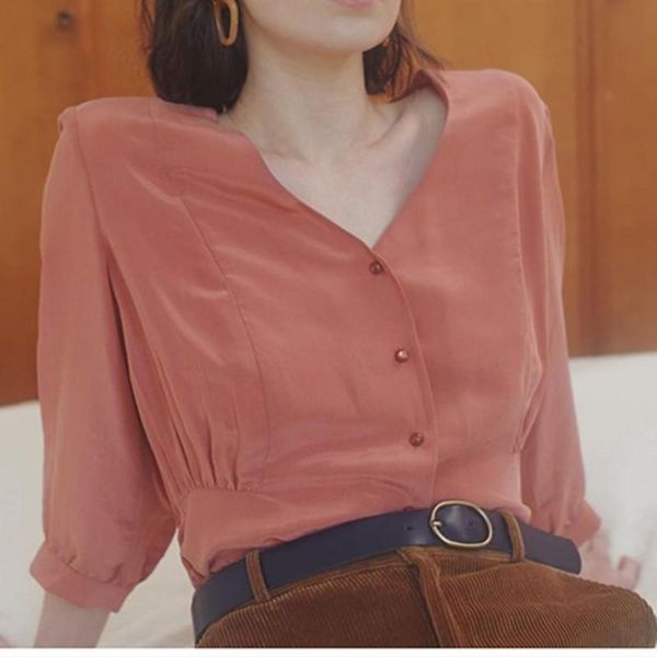 

100% silk women's blouse beautiful soft ladies long sleeve v-neck single-breasted shirt and for spring summer blouses & shirts, White