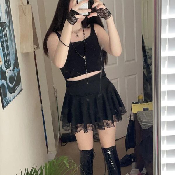 

skirts gothic lace patchwork hem mini black pleated high waist a-line women skirt summer fashion streetwear outfits