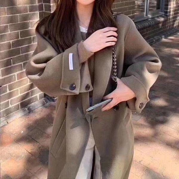 

women's wool & blends 2021 autumn winter hepburn style lace-up thick double-sided cashmere blend coat over-the-knee long, Black