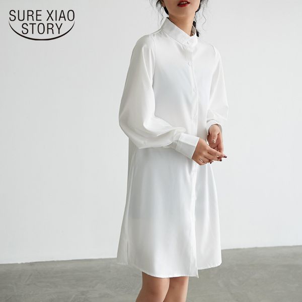 

femal long hong kong style vintage lantern sleeve chiffon blouses casual sunscreen women shirts button solid white 6459 50 210417