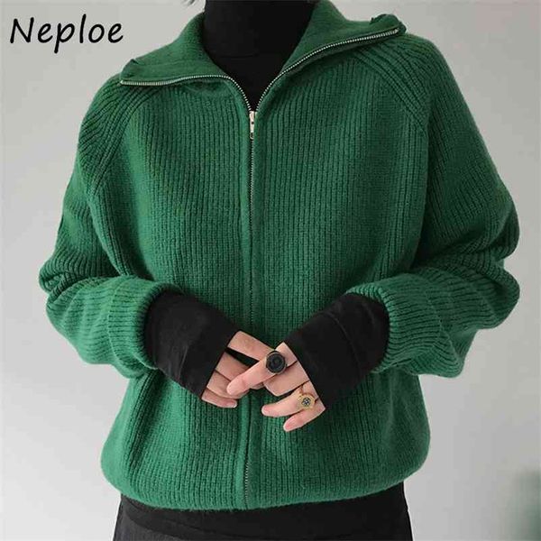 

ins autumn winter vintage turn-down collar zip cardigans casual all-match long sleeve coat warm knitted women sweaters 210422, White;black