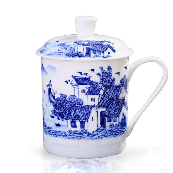 

cups & saucers jingdezhen blue and white porcelain tea cup with lid large capacity bone china office drinking water mug travel portable teaw