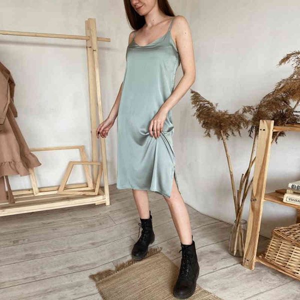 

dresses women casual spaghetti strap satin party sleeveless v neck solid loose elegant 2021 spring fashion dress, Black;gray