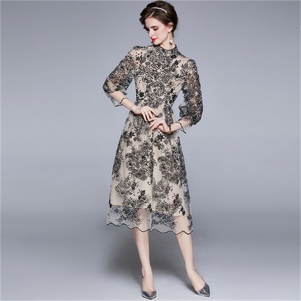 

casual dresses runway fashion women lantern sleeve stand collar black sequined flower embroidery long mesh party vl4o, Black;gray