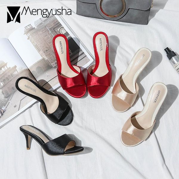 

dress shoes 34-43 big size silk high heels sandals women open toe elegant summer sandalias mujer femme pantoufles slides, Black