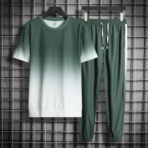 

mens sets short sleeve gradient 2 pieces suit t shirt trousers slim sports suits male brand streetwear men summer tracksuit set men's t, Gray