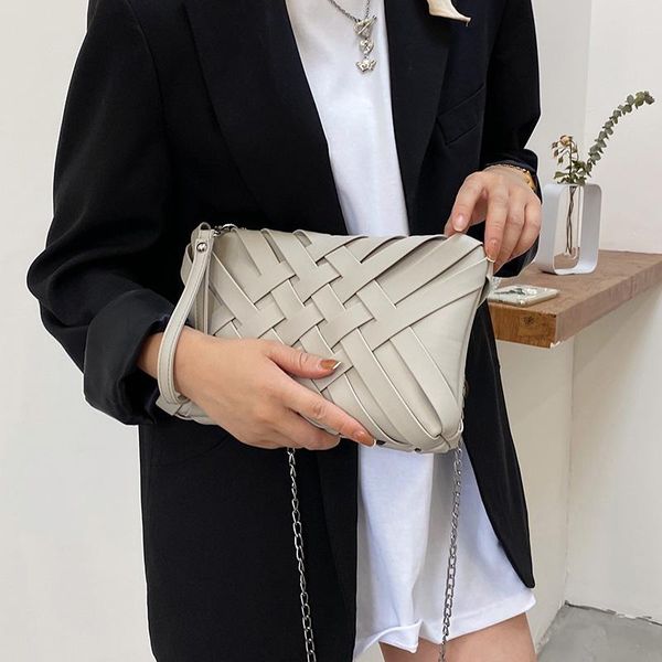 

evening bags solid colour woven clutch luxury women designer pu leather shoulder crossbody fashion handbag chain tote bag