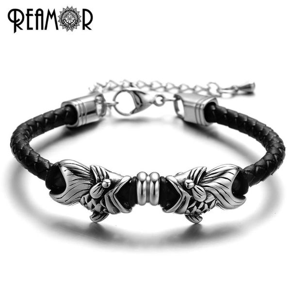 

charm bracelets reamor 316l stainless steel gold-fish braided leather men bracelet adjustable with extended chain women's jewelry, Golden;silver