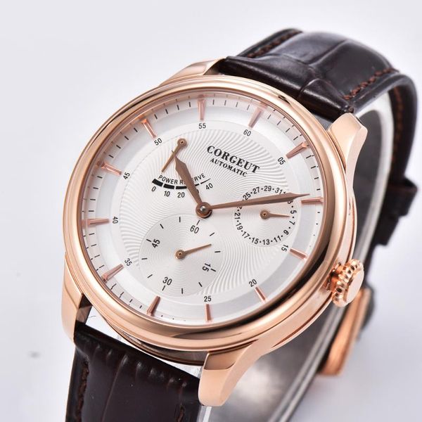 

automatic mechanical corgeut men's watch stainless steel power reserve leather wristwatches, Slivery;brown