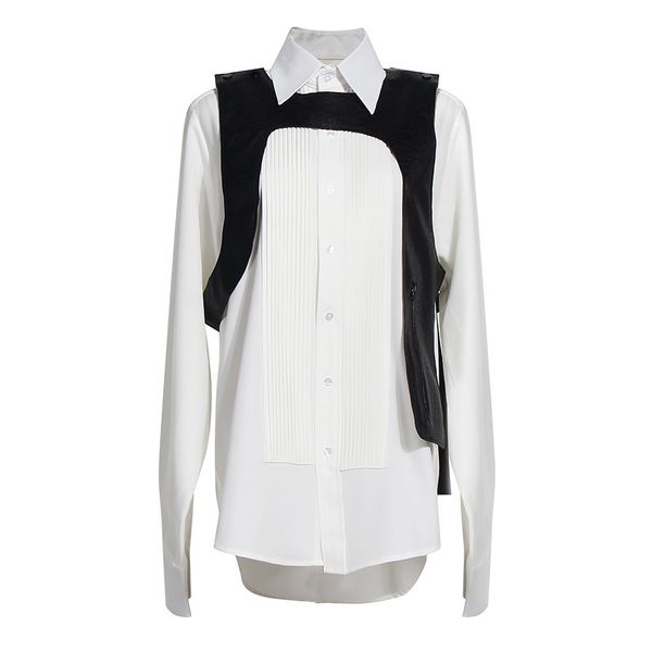 

deat spring and autumn turn-down collar full sleeves single breasted shirt and pu leather vest two pieces sh046 210428, White