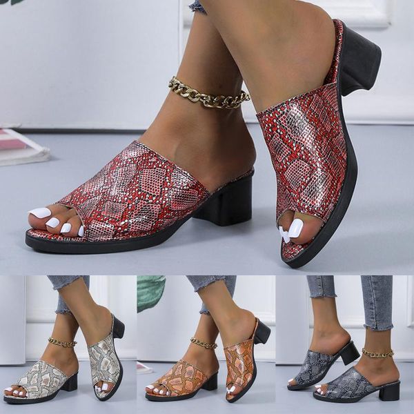 

slippers pu soft snakeskin printed sewing fish mouth open toes hoof heels slides shoes designer non-slip sandals plus size, Black