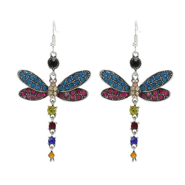 

ethnic style diamond multi color tassel dragonfly women's long earrings, Black