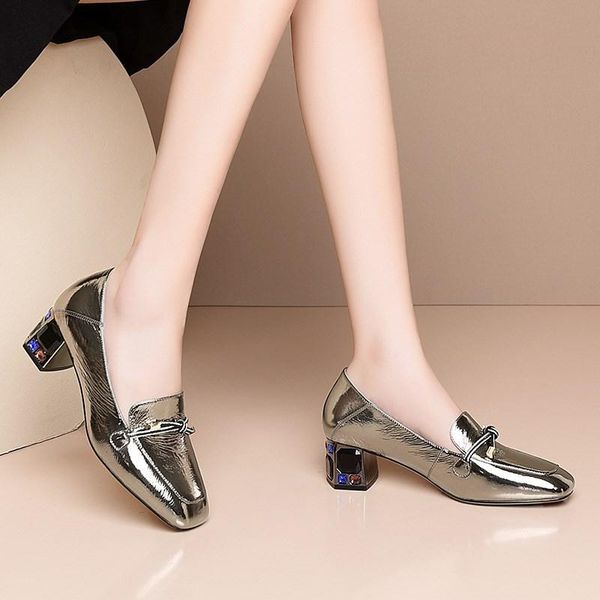 

dress shoes party casual 2021 autumn chunky heel square head deep-mouth thin toe fashion genuine leather crystal cow muscle, Black