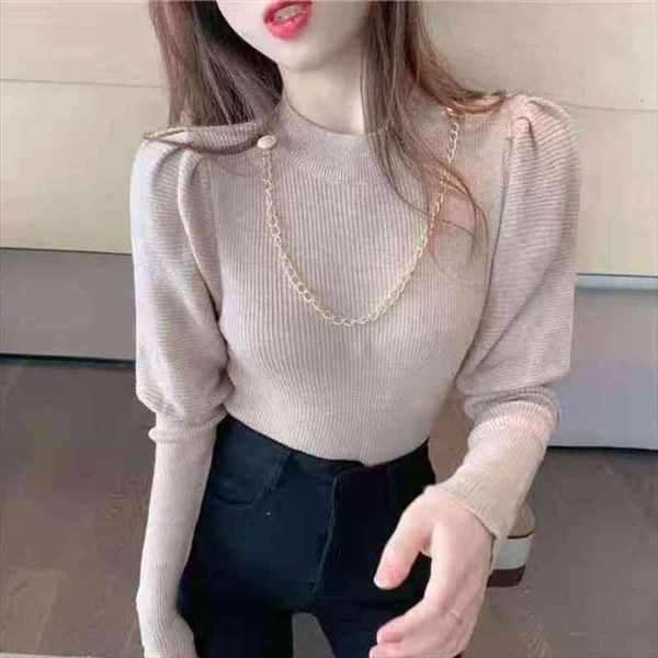 

fashion knitting sweater womens fall winter turtleneck long bubble sleeve knitwear chain slim elegant knitted pullovers ladies, White;black