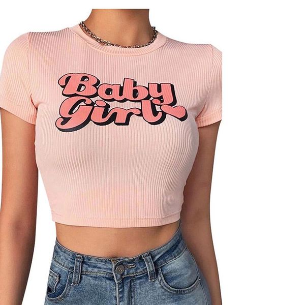 

women's t-shirt women summer exposed navel pink white letter printed round neck short regular sleeve slim fitting fashion crop top