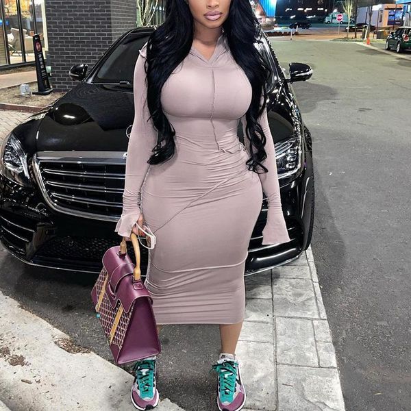 

casual dresses 2021 long sleeve hooded patchwork skinny dress women autumn high stretch outfits, Black;gray
