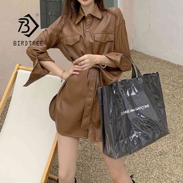 

women medium long pu leather shirt with sashes vintage solid long sleeves casual turn-down collar fashion chic blouse c12701x 210419, Black