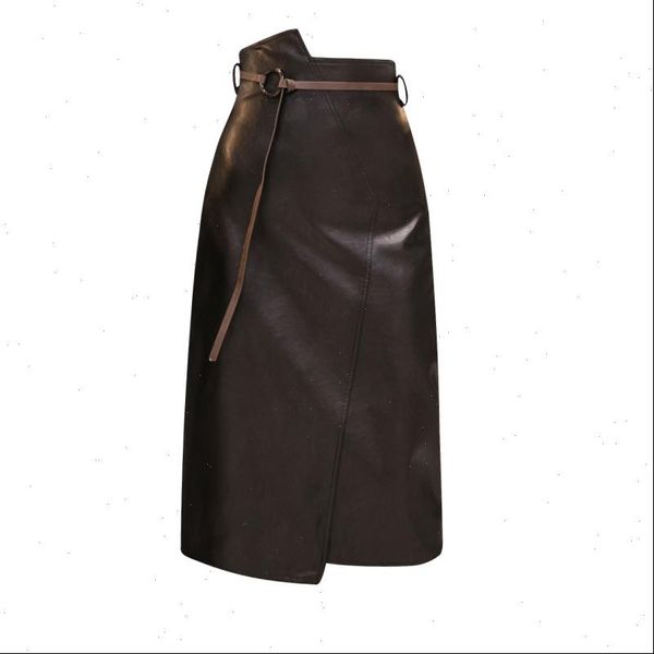 

summer asymmetrical pu leather midi women skirt with belt high waist solid vintage fashion female pencil s9727, Black