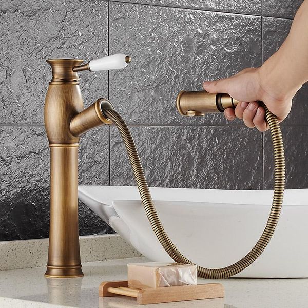 

bathroom sink faucets deck mounted antique brass water faucet basin mixer tap luxury pull out shower head