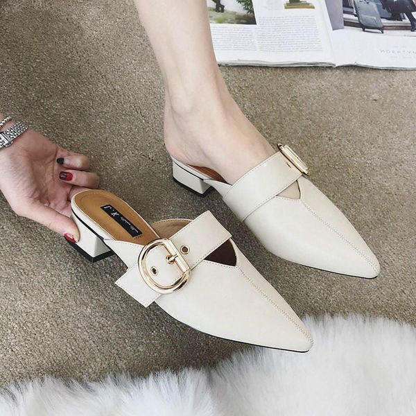 

slippers women low heel shoes casual slip on mule outdoor slides flat buckle loafers flip flops, Black