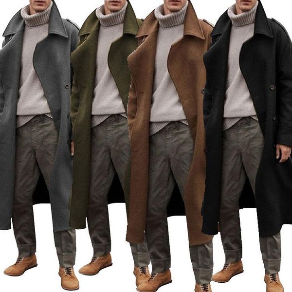 

men's wool & blends 2021 men long jackets autumn winter thick business casual trench coat mens windbreaker outerwear, Black