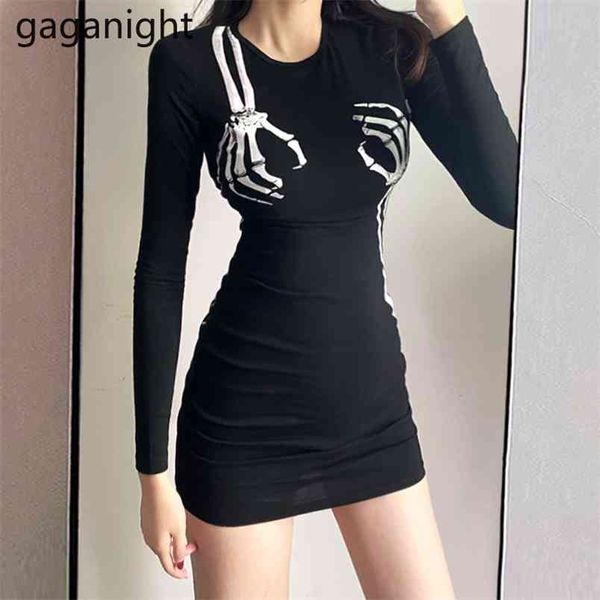 O Neck Langarm Skinny Mini Kleid Frauen Schwarz Schädel Hand Punk Streetwear Sexy Bodycon Party Kleider Clubwear 210601