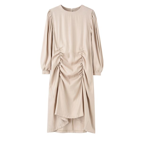 

women yellow apricot black o-neck lace-up dress spring long sleeve empire ruched asymmetrical midi d2255 210514, Black;gray