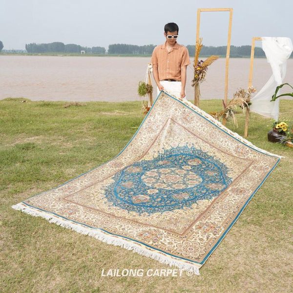 

carpets 6'x9' blue color hand knotted area rug handmade silk persian carpet (yl0984a)