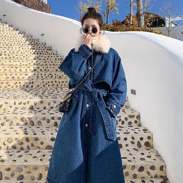 

women's jackets cowboy parker cotton clothes middle and long knee length 2021 winter korean plush coat loose wool collar, Black;brown