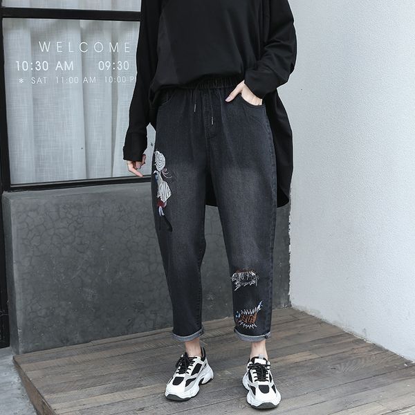 

jeans 2021 women in cartoon casual embroidered harem more female size manly pants a485, Blue