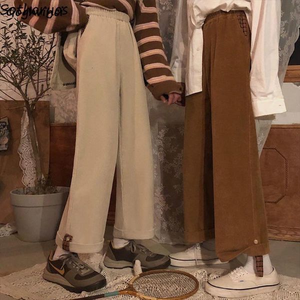 

casual corduroy vintage solid plus womens pants velvet slim chic trendy simple elastic high waist korean style all match, Black;white
