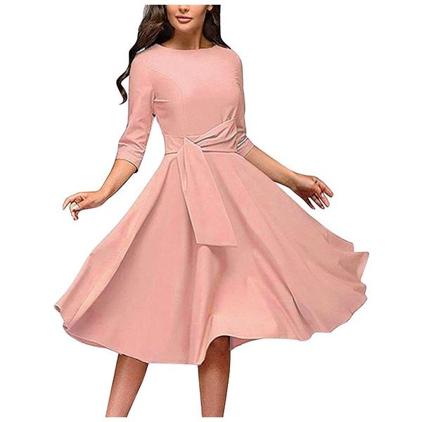 

casual dresses women's elegance ruched dress round neck 3/4 sleeve swing midi a-line solid color three-quarter, Black;gray