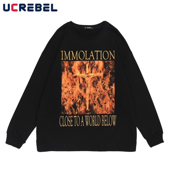 

men's hoodies & sweatshirts jesus cross print mens high street casual autumn streetwear loose long sleeved crew neck pullove men, Black