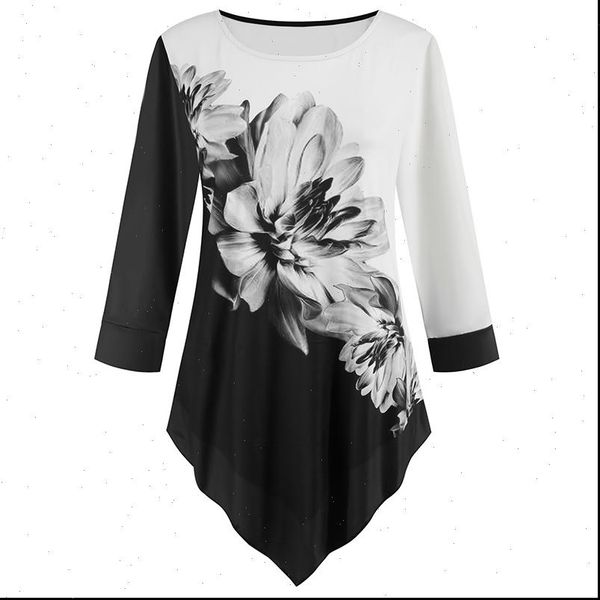 

ink painting printed tunic womens shirt plus size irregular white spring o neck three quarter leopard blouse